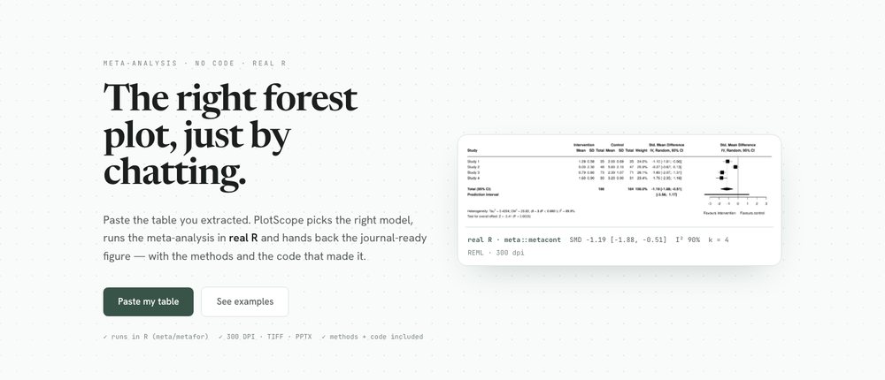 Landing do PlotScope: o forest plot certo, conversando